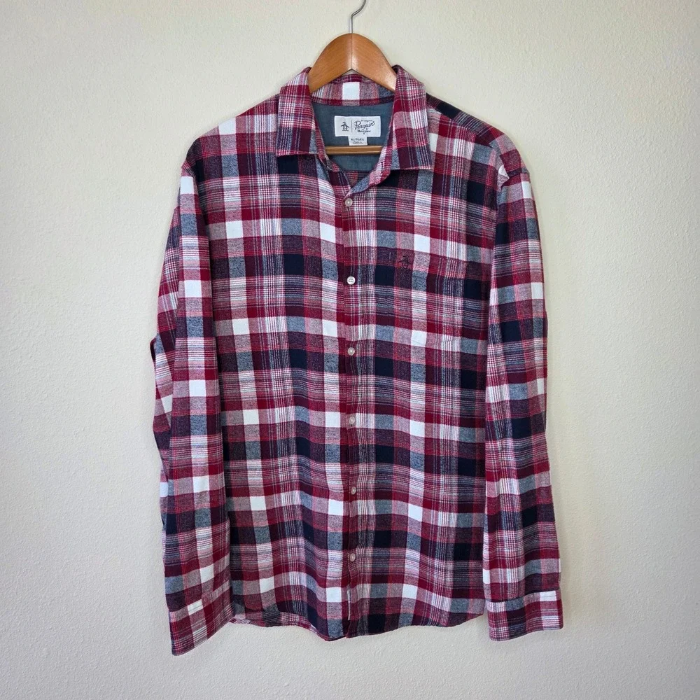 Original Penguin Mens XL Plaid Button Down Shirt Red Navy Blue Long Sleeve Logo